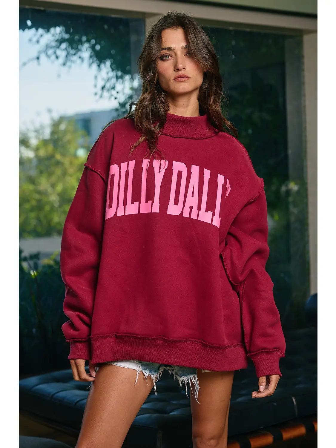 Burgundy Dilly Dally Mock Neck Sweatshirt