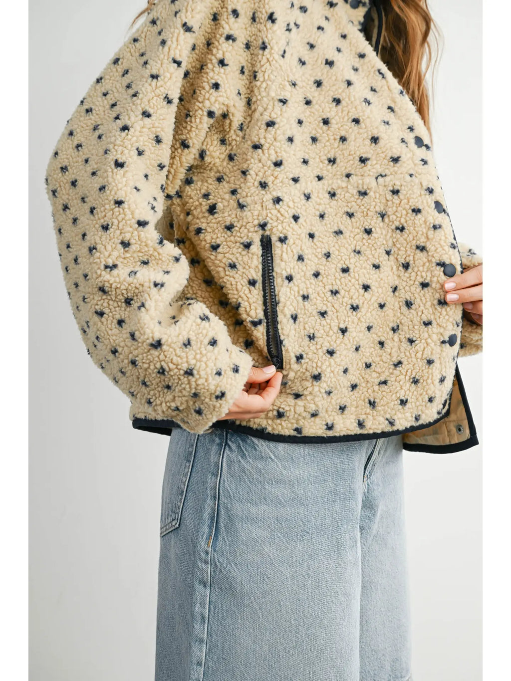 Taupe & Navy Fern Dot Sherpa Fleece Snap Jacket