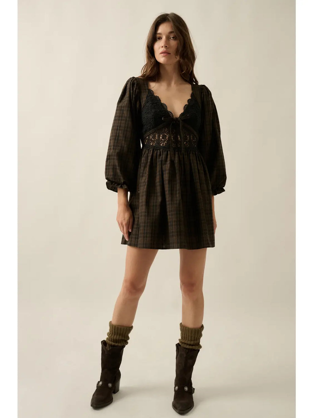Black Plaid & Lace Bubble Sleeve Mini Dress