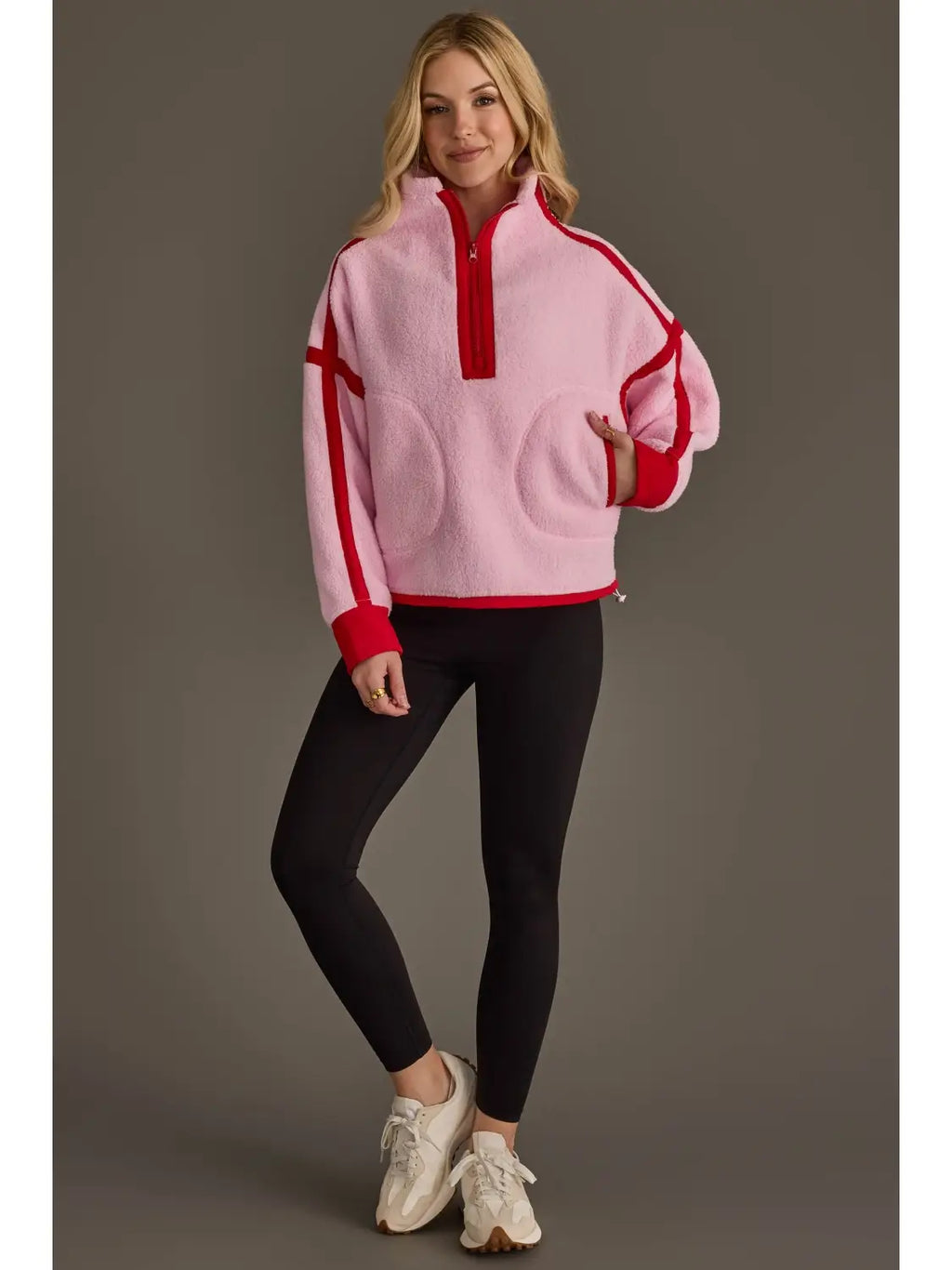 Light Pink & Red Half Zip Sherpa Fleece Sweatshirt