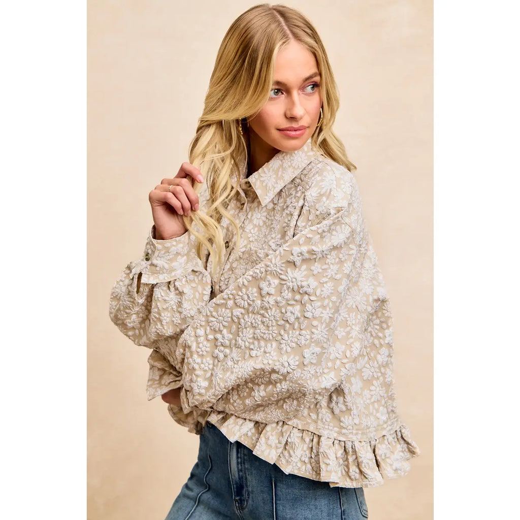 Oatmeal Textured Floral Ruffle Hem Top
