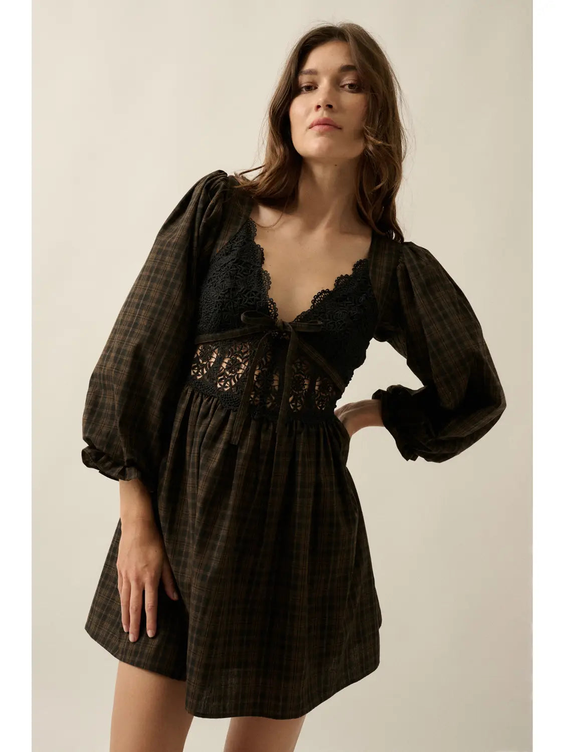 Black Plaid & Lace Bubble Sleeve Mini Dress