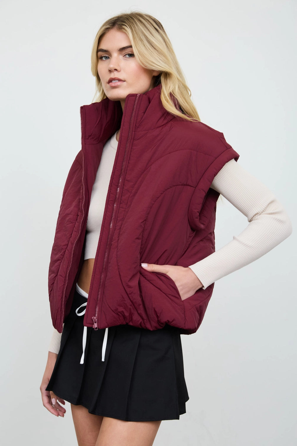 Black Cherry Quilted Mock Neck Puffer Vest