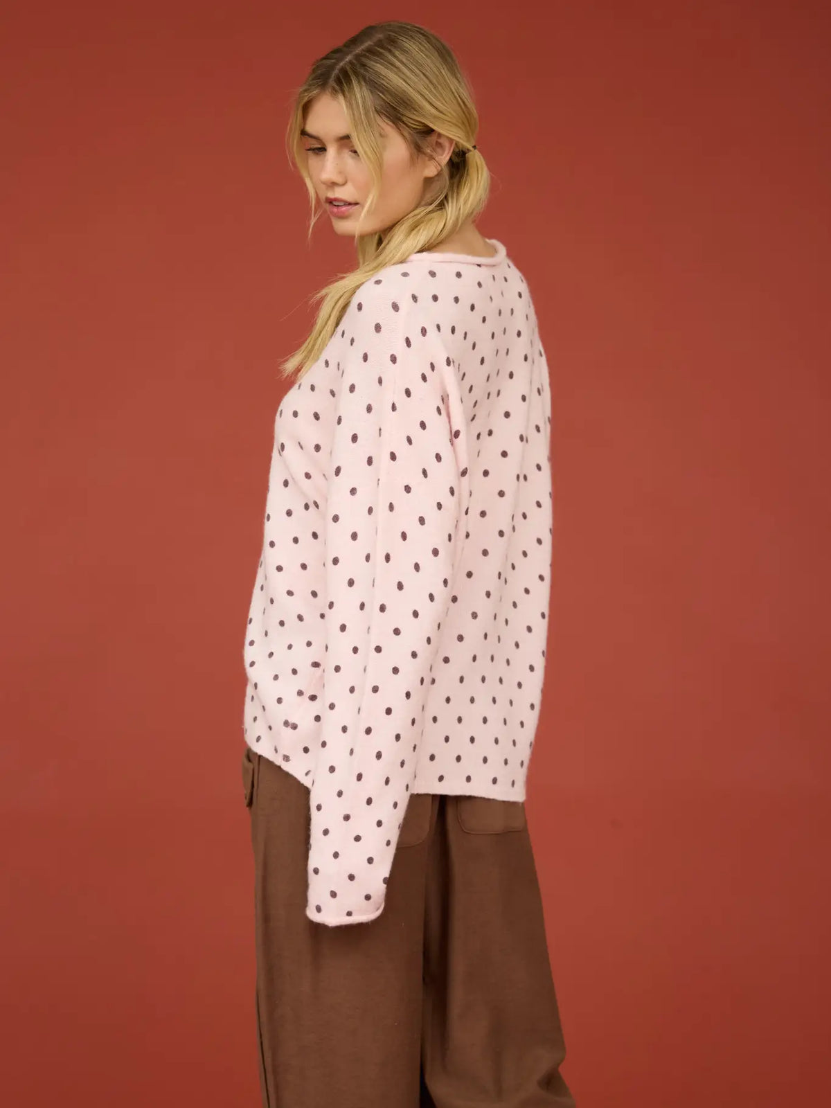 Light Pink Polka Dot Raw Edge Knit Cardigan