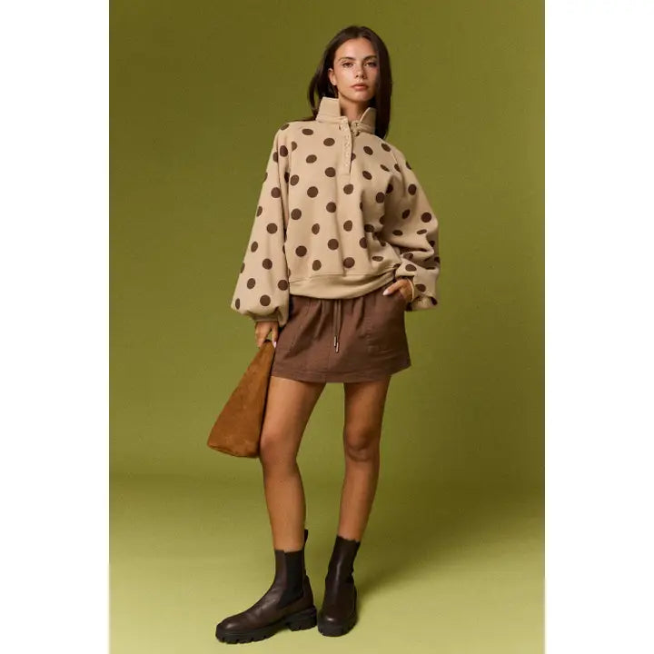 Taupe & Brown Polka Dot Half-Snap Sweatshirt