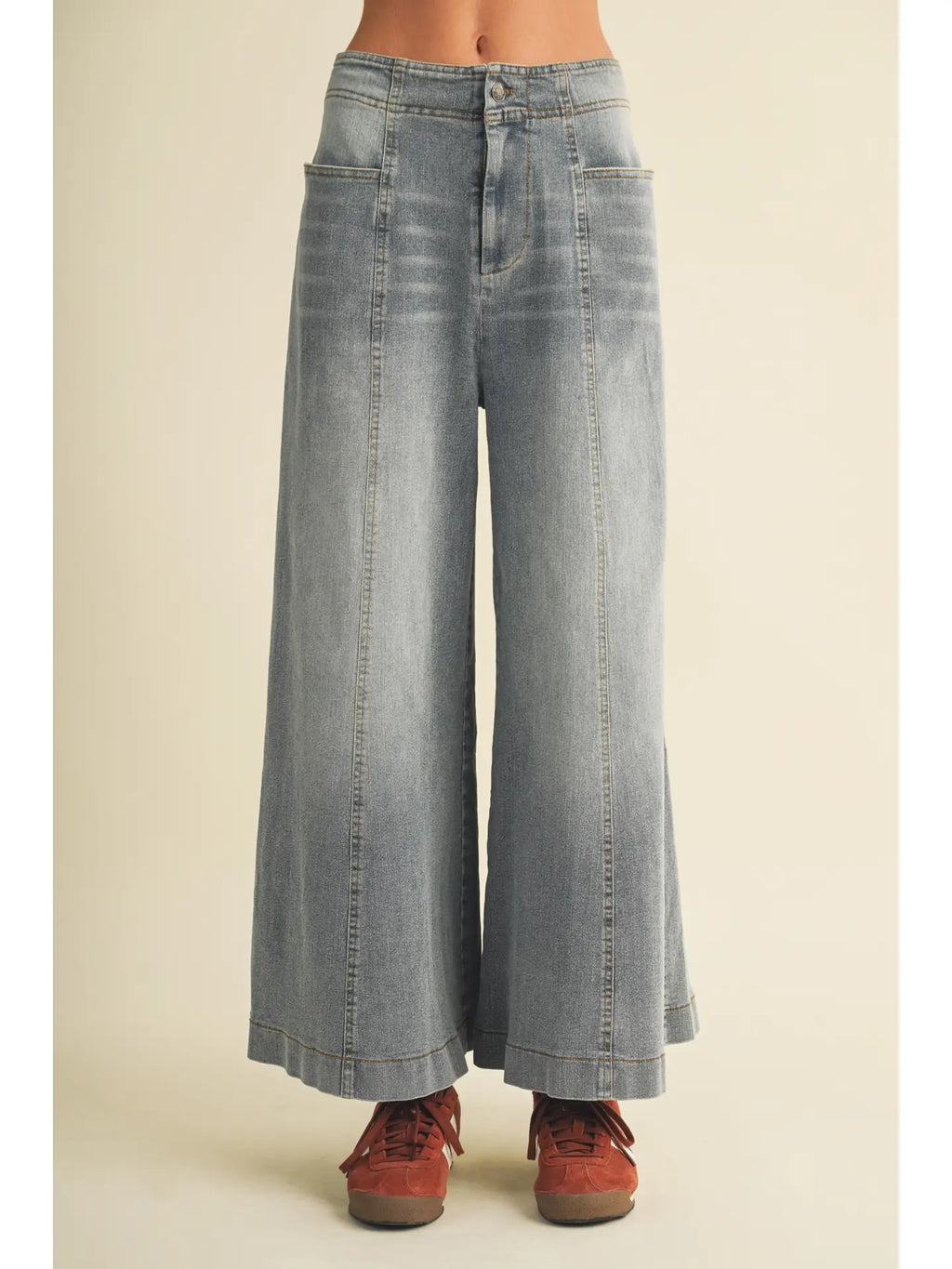Washed Denim Vertical Seam Wide-Leg Trousers