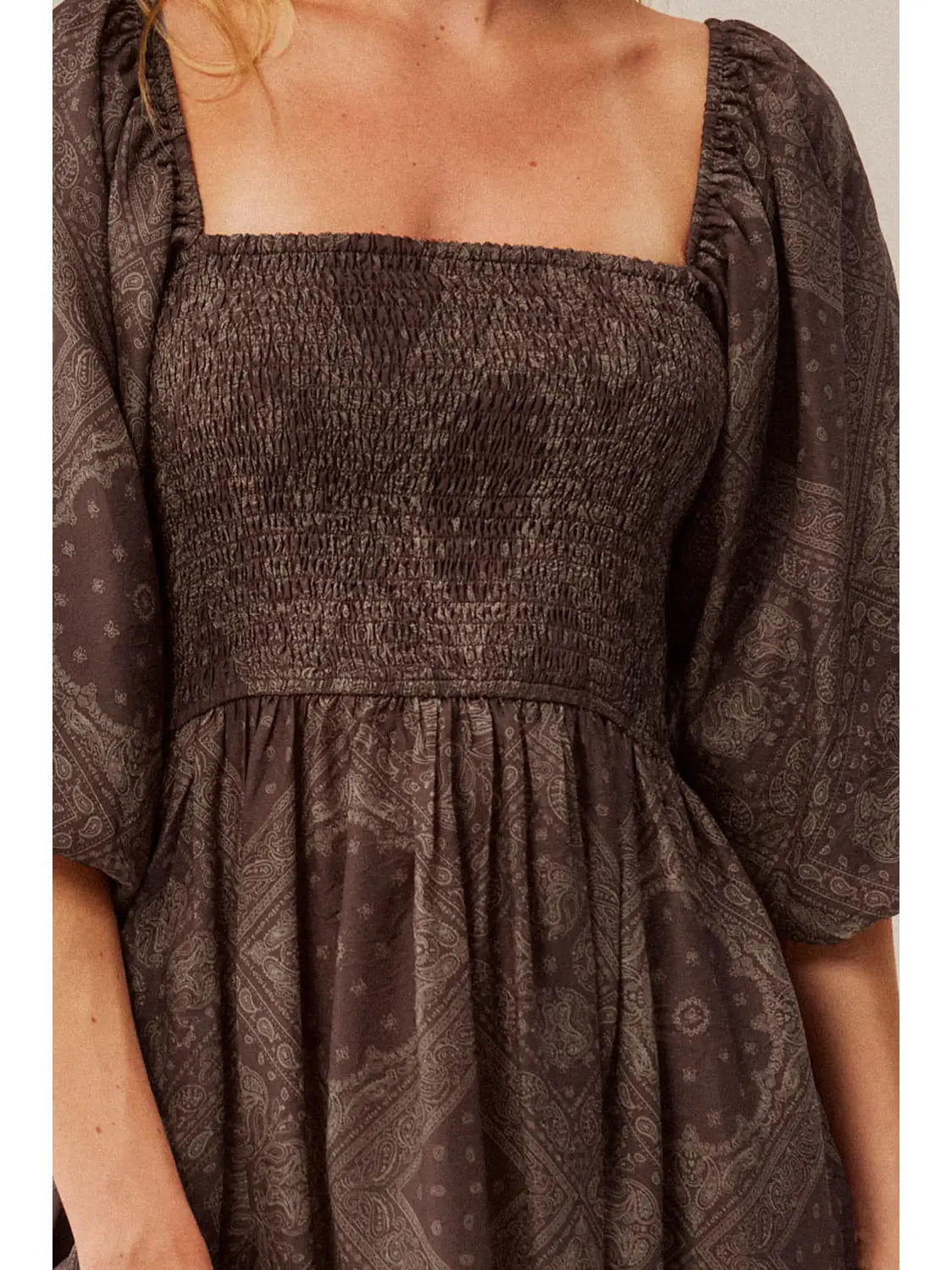 Brown Bandana Print Puff Sleeve Maxi Dress