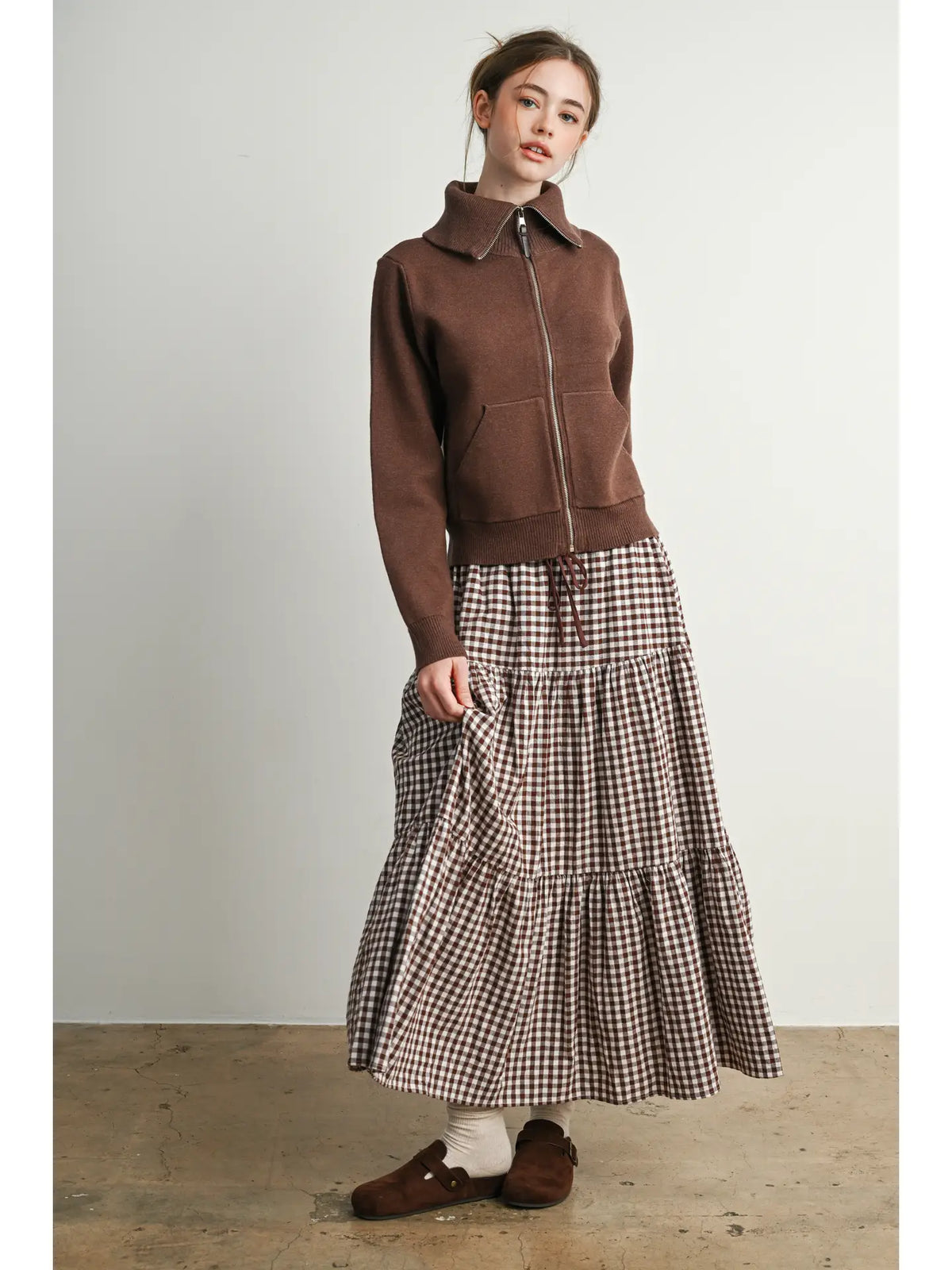 Brown & Ivory Gingham Tiered Maxi Skirt