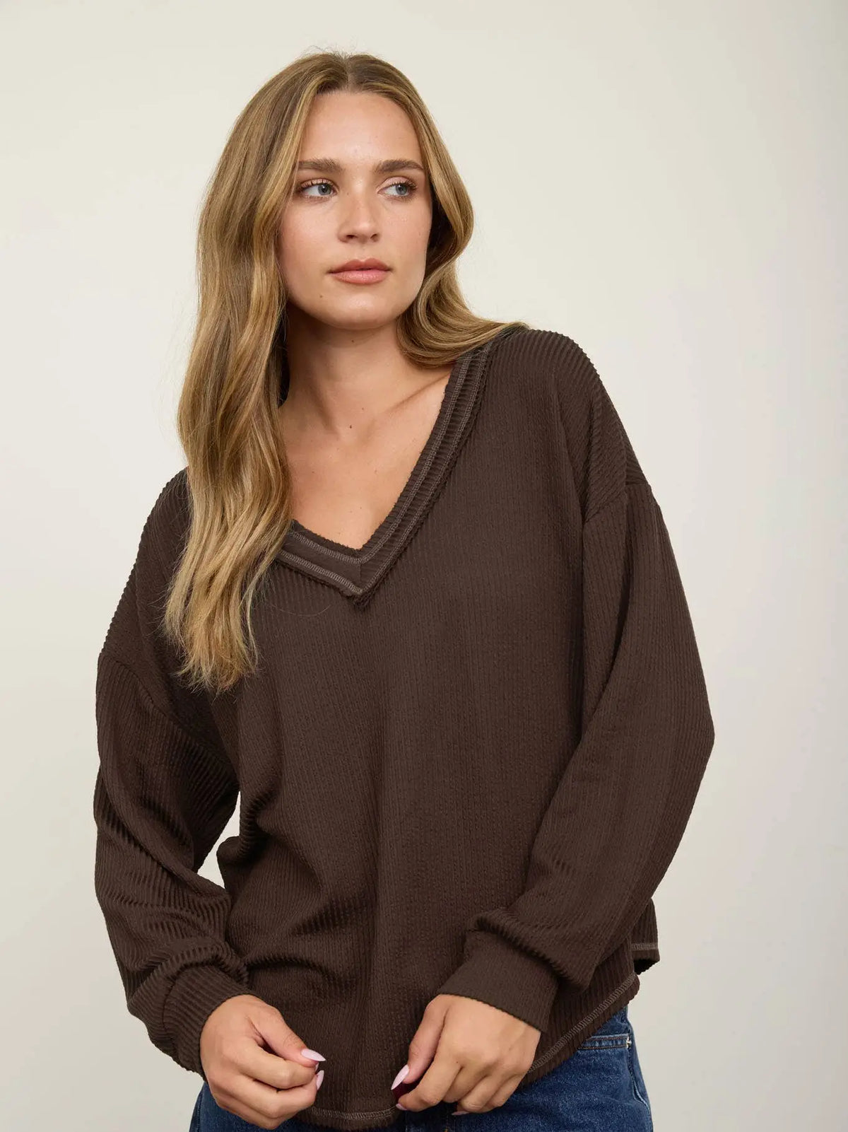 Chocolate Brown Raw Edge Textured Knit Top