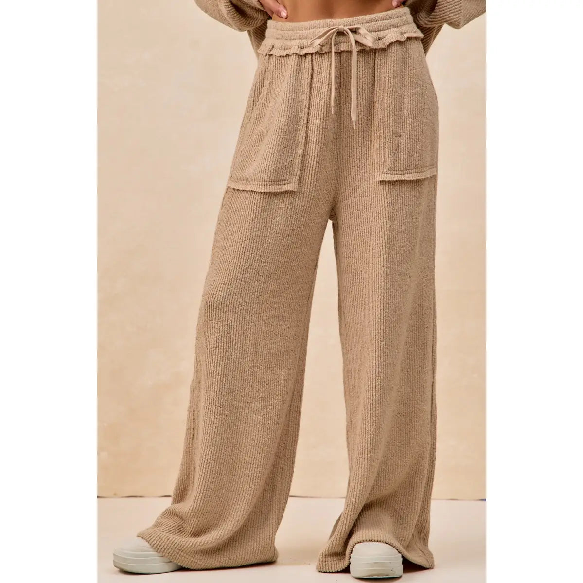Taupe Boucle Rib Knit Wide-Leg Pants