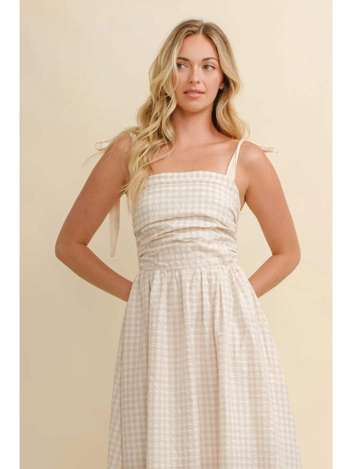Cream Gingham Strap Tie Maxi Dress
