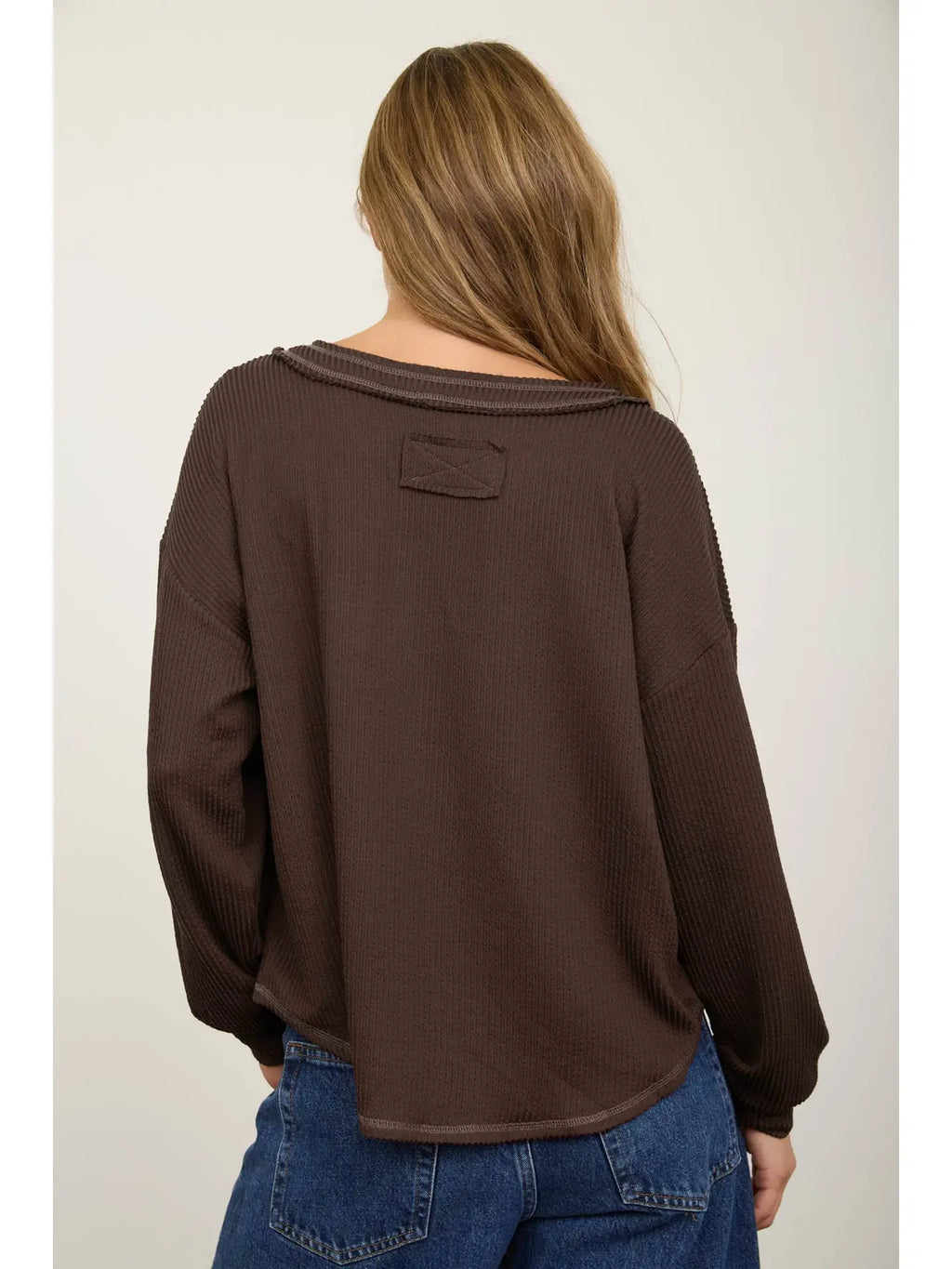 Chocolate Brown Raw Edge Textured Knit Top