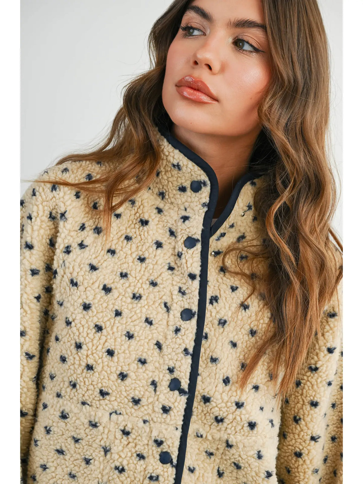 Taupe & Navy Fern Dot Sherpa Fleece Snap Jacket