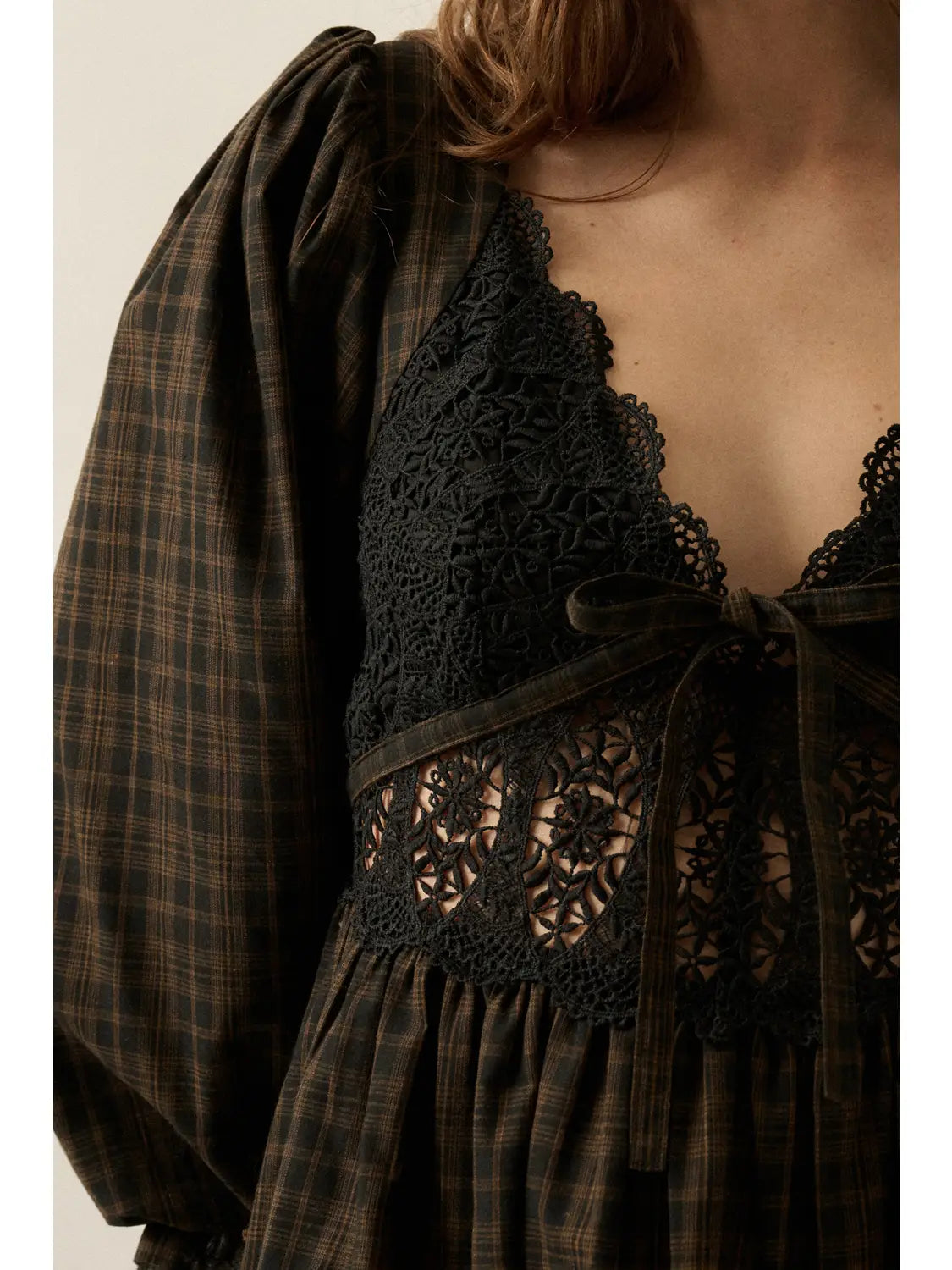 Black Plaid & Lace Bubble Sleeve Mini Dress