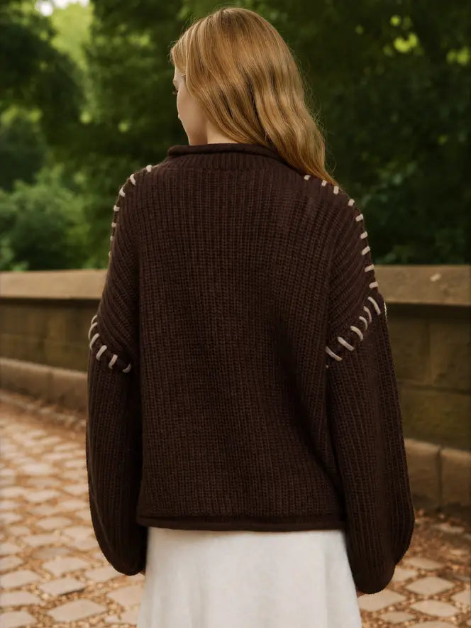 Chocolate Contrast Stitch Chunky Knit Sweater
