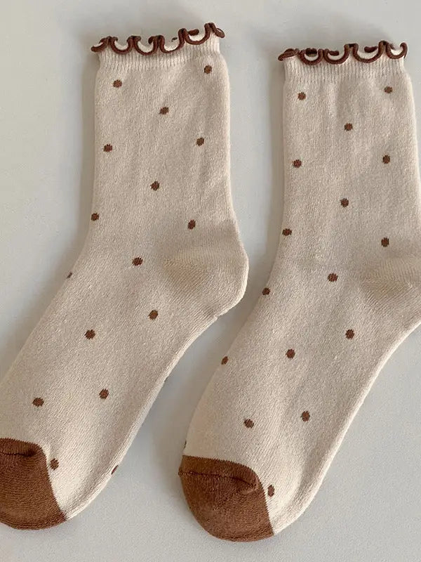 Beige Polka Dot Ruffle Crew Socks