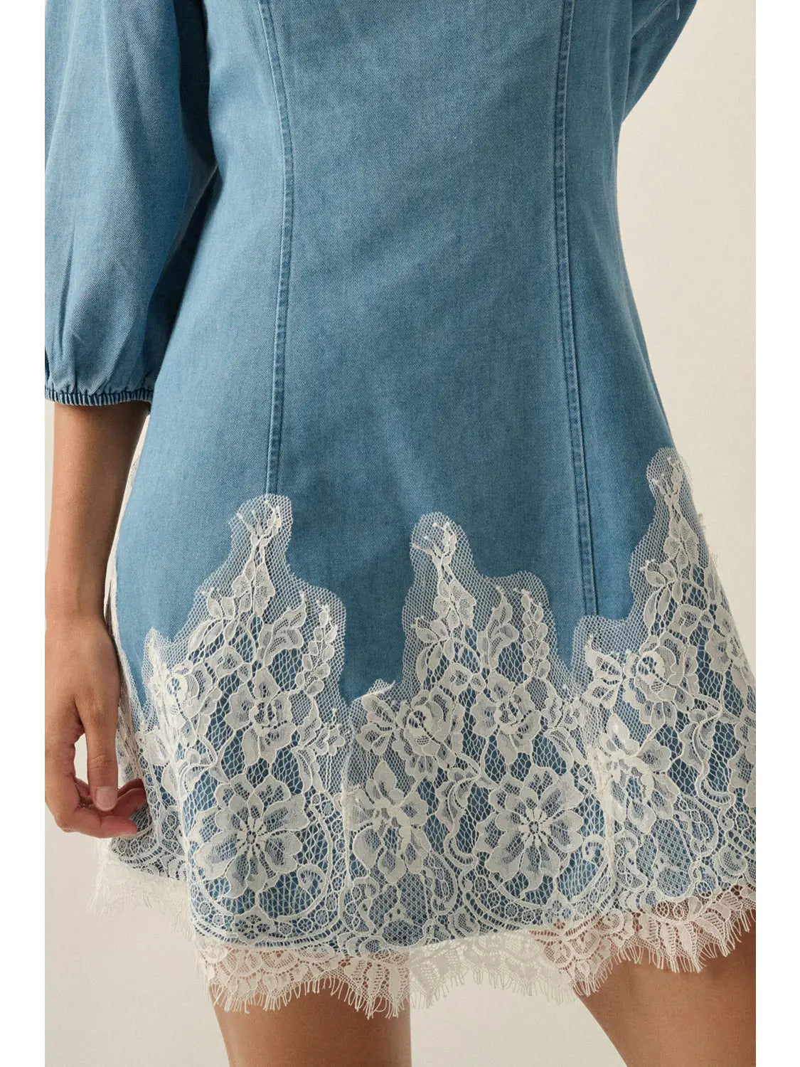 Denim Blue Lace Trim Bubble Sleeve Mini Dress