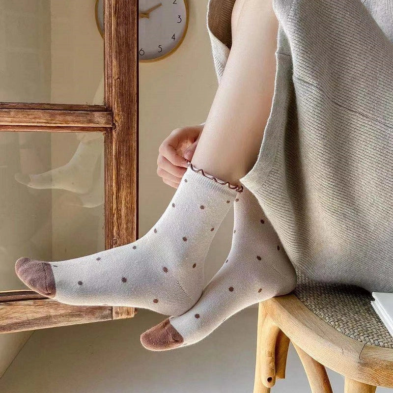 Beige Polka Dot Ruffle Crew Socks