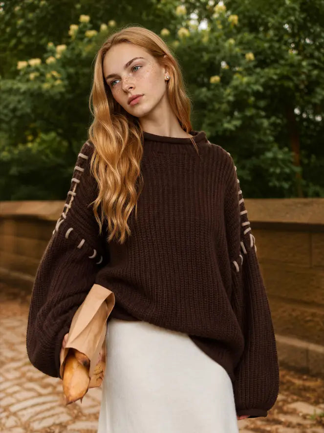 Chocolate Contrast Stitch Chunky Knit Sweater