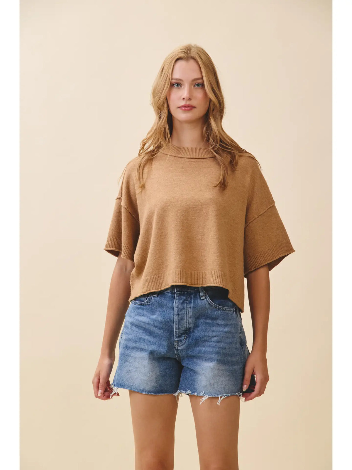Camel Cropped Short Sleeve Sweater