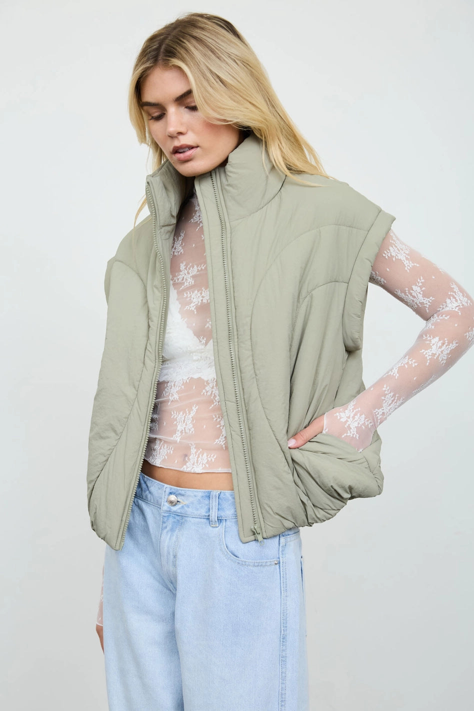 Olive Quilted Mock Neck Puffer Vest