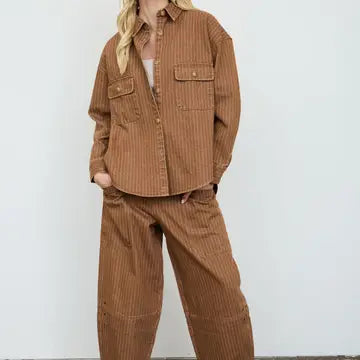 Brown Pinstripe Denim Shacket