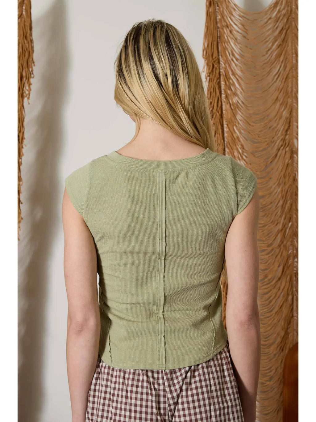 Light Olive Exposed Asymmetrical Seam Henley Knit Top