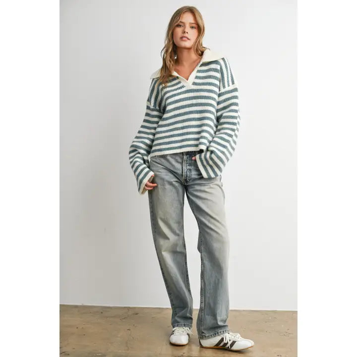 Ivory & Blue Striped Collared Knit Sweater