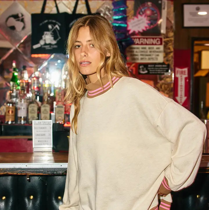 Oatmeal Striped Rib Band Mock Neck Sweatshirt
