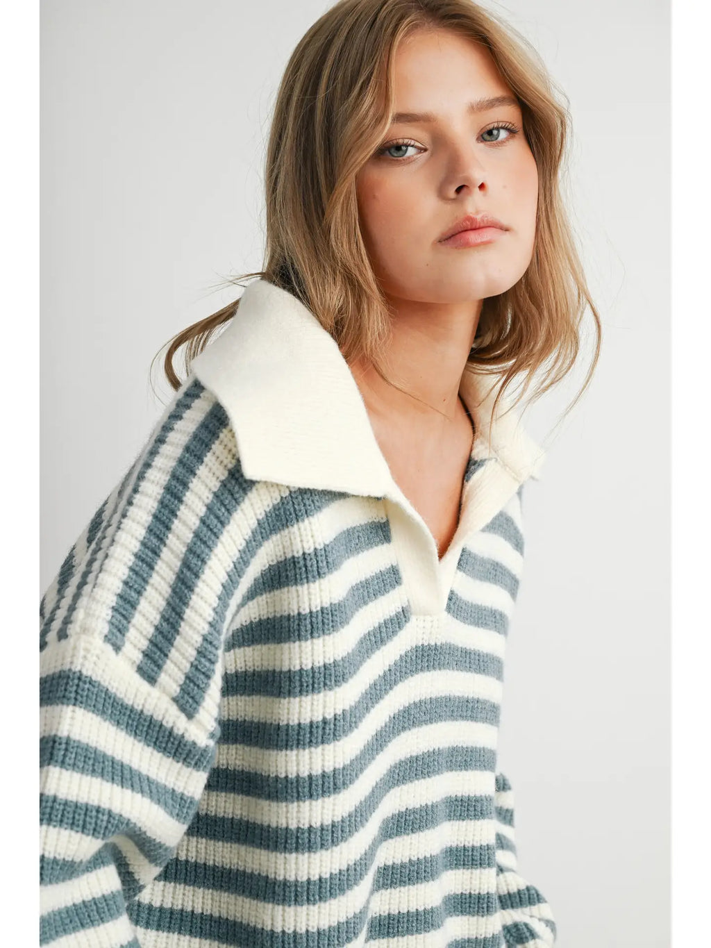 Ivory & Blue Striped Collared Knit Sweater