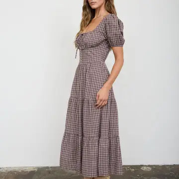 Mocha Plaid Puff Sleeve Corset Midi Dress