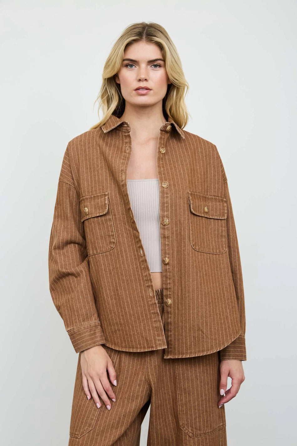 Brown Pinstripe Denim Shacket