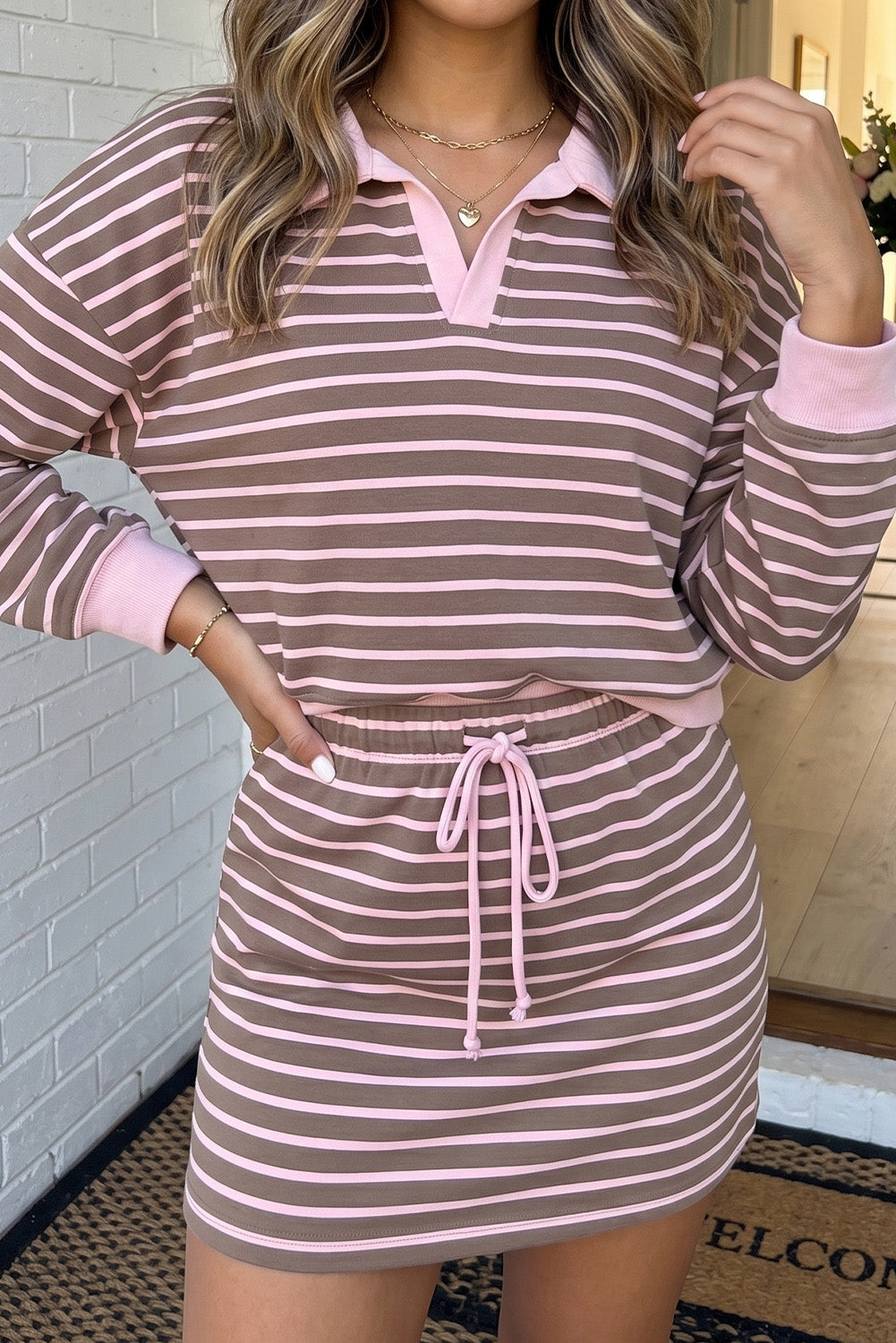 Brown Stripe Drawstring Lounge Skirt