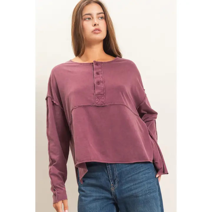 Dark Cherry Oversized Raw Edge Henley Top