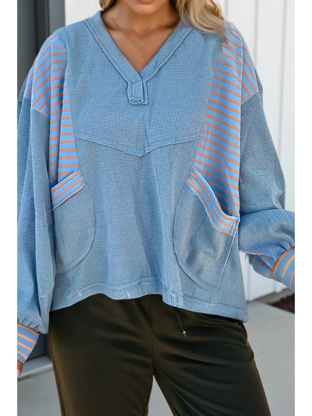 Dusk Blue Exposed Seam Waffle Patchwork Pullover