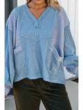 Dusk Blue Exposed Seam Waffle Patchwork Pullover