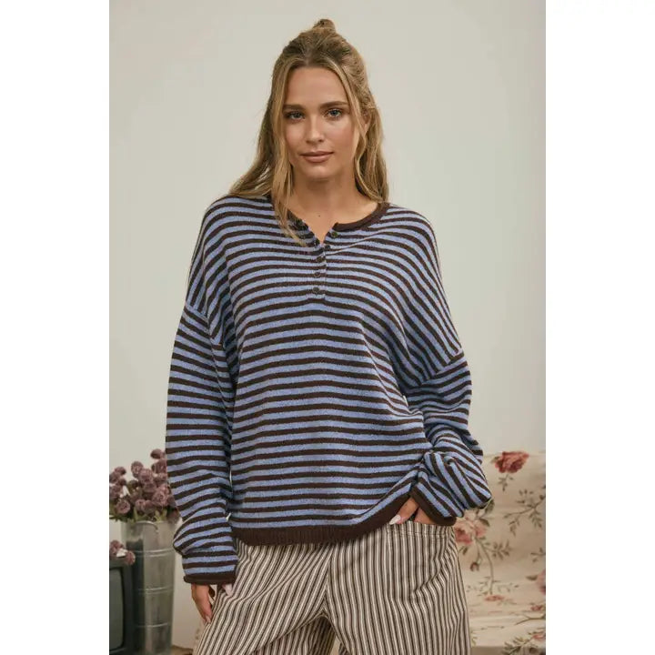 Chocolate Brown Stripe Henley Sweater